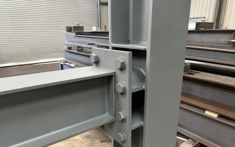 Bolted end-plate connection between a steel beam and column in a fabrication workshop