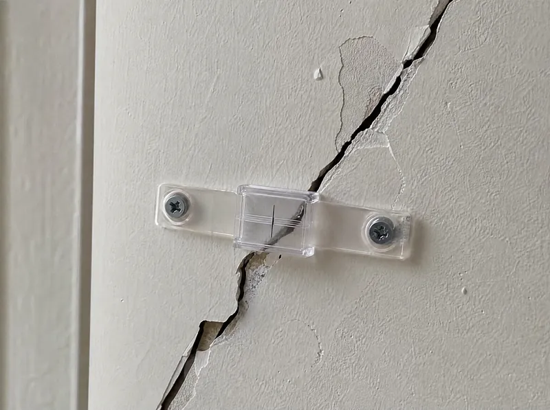 Crack tell-tale monitor fixed across a diagonal crack in an internal plaster wall
