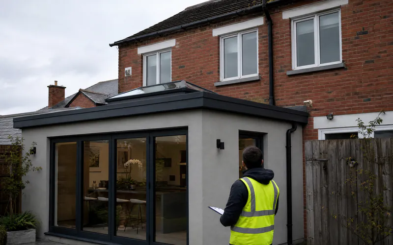 Engineer inspecting the junction of a rear kitchen extension and the original house in Dublin