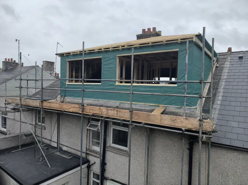 Rear box dormer framing under construction on an Irish semi-detached house