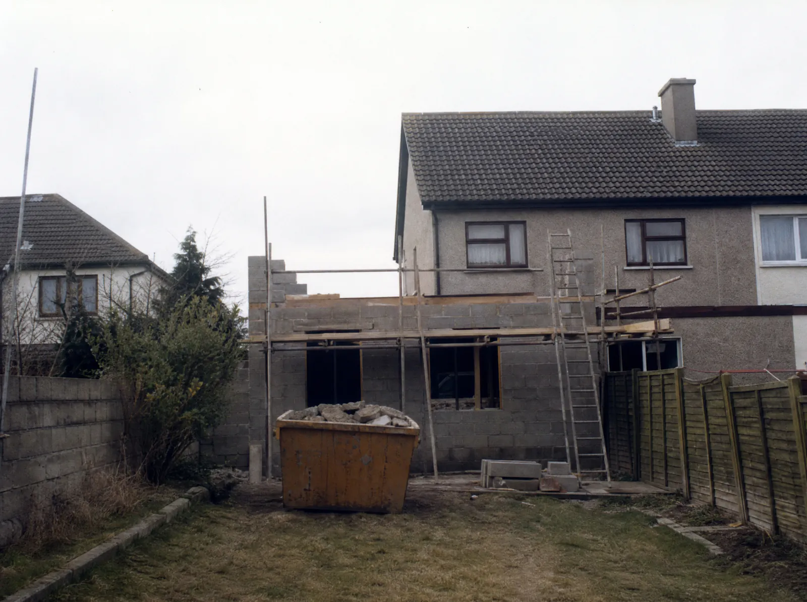 Rear extension under construction behind a 1980s semi-detached house in Lucan, County Dublin