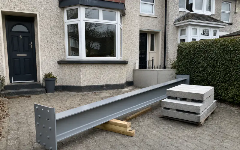 Steel universal beam with end plates delivered to a Dublin driveway beside concrete padstones